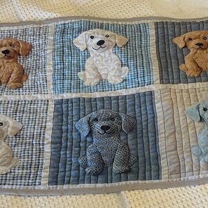 Patchwork Puppy Baby Quilt - Blue, Cream, Tan